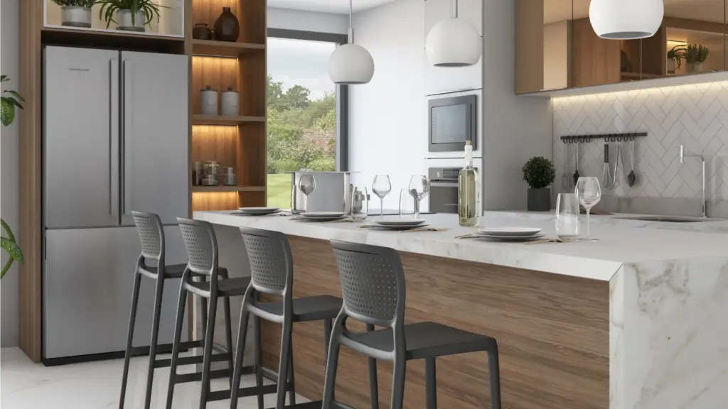 Porcelanato na Parede e Bancada da Cozinha